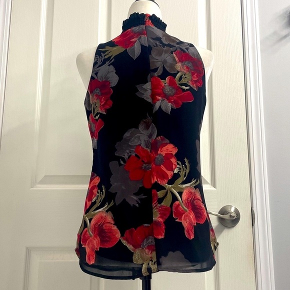 Elegant Sleeveless Black Floral Blouse Lined Ruched High Neck Back Zipper Sz XS - Picture 8 of 11